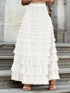 Women's Skirt Tutu Fashion Casual Maxi High Waist Skirts Solid Colored Ruffle Going out Casual Daily Apricot Black White Khaki Summer Polyester