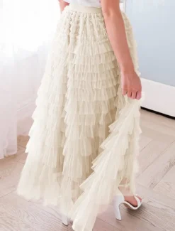 Women's Skirt Tutu Fashion Casual Maxi High Waist Skirts Solid Colored Ruffle Going out Casual Daily Apricot Black White Khaki Summer Polyester