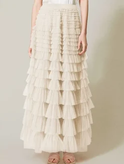 Women's Skirt Tutu Fashion Casual Maxi High Waist Skirts Solid Colored Ruffle Going out Casual Daily Apricot Black White Khaki Summer Polyester