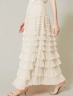 Women's Skirt Tutu Fashion Casual Maxi High Waist Skirts Solid Colored Ruffle Going out Casual Daily Apricot Black White Khaki Summer Polyester