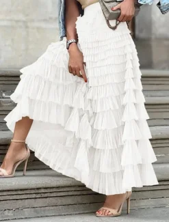 Women's Skirt Tutu Fashion Casual Maxi High Waist Skirts Solid Colored Ruffle Going out Casual Daily Apricot Black White Khaki Summer Polyester