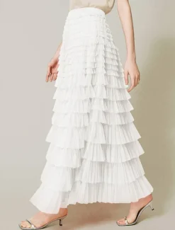 Women's Skirt Tutu Fashion Casual Maxi High Waist Skirts Solid Colored Ruffle Going out Casual Daily Apricot Black White Khaki Summer Polyester
