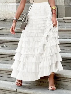 Women's Skirt Tutu Fashion Casual Maxi High Waist Skirts Solid Colored Ruffle Going out Casual Daily Apricot Black White Khaki Summer Polyester