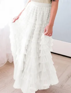 Women's Skirt Tutu Fashion Casual Maxi High Waist Skirts Solid Colored Ruffle Going out Casual Daily Apricot Black White Khaki Summer Polyester