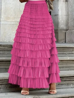 Women's Skirt Tutu Fashion Casual Maxi High Waist Skirts Solid Colored Ruffle Going out Casual Daily Apricot Black White Khaki Summer Polyester