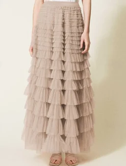 Women's Skirt Tutu Fashion Casual Maxi High Waist Skirts Solid Colored Ruffle Going out Casual Daily Apricot Black White Khaki Summer Polyester