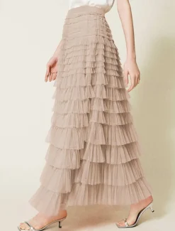 Women's Skirt Tutu Fashion Casual Maxi High Waist Skirts Solid Colored Ruffle Going out Casual Daily Apricot Black White Khaki Summer Polyester