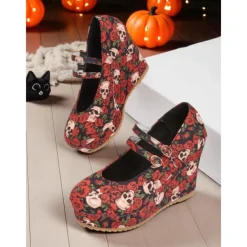 Women's Skull and Rose Print Wedge Mary Jane Shoes - Gothic Platform Heels for Alternative Fashion,Concerts and Halloween Parties