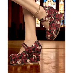 Women's Skull and Rose Print Wedge Mary Jane Shoes - Gothic Platform Heels for Alternative Fashion,Concerts and Halloween Parties