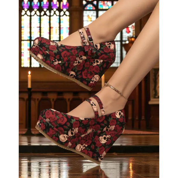 Women's Skull and Rose Print Wedge Mary Jane Shoes - Gothic Platform Heels for Alternative Fashion,Concerts and Halloween Parties