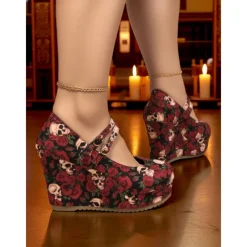 Women's Skull and Rose Print Wedge Mary Jane Shoes - Gothic Platform Heels for Alternative Fashion,Concerts and Halloween Parties