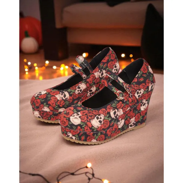 Women's Skull and Rose Print Wedge Mary Jane Shoes - Gothic Platform Heels for Alternative Fashion,Concerts and Halloween Parties