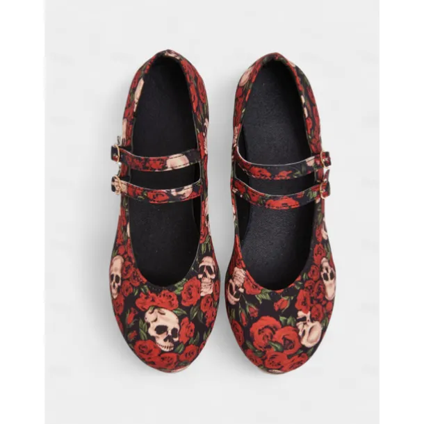 Women's Skull and Rose Print Wedge Mary Jane Shoes - Gothic Platform Heels for Alternative Fashion,Concerts and Halloween Parties