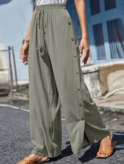 Women's Slacks Pants Trousers Casual Full Length Natural Plain Buckle Elastic Drawstring Design Outdoor Comfortable Holiday Daily Wear Weekend carmine Magenta Depression Green Grey Summer Regular Fit