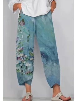 Women's Slacks Vacation Vintage Ethnic Style Ankle-Length High Waist Floral Graphic Geometic Elastic Waistband Comfy Breathability Soft Inelastic Formal Outdoor Vacation Navy Blue Blue Summer Spring