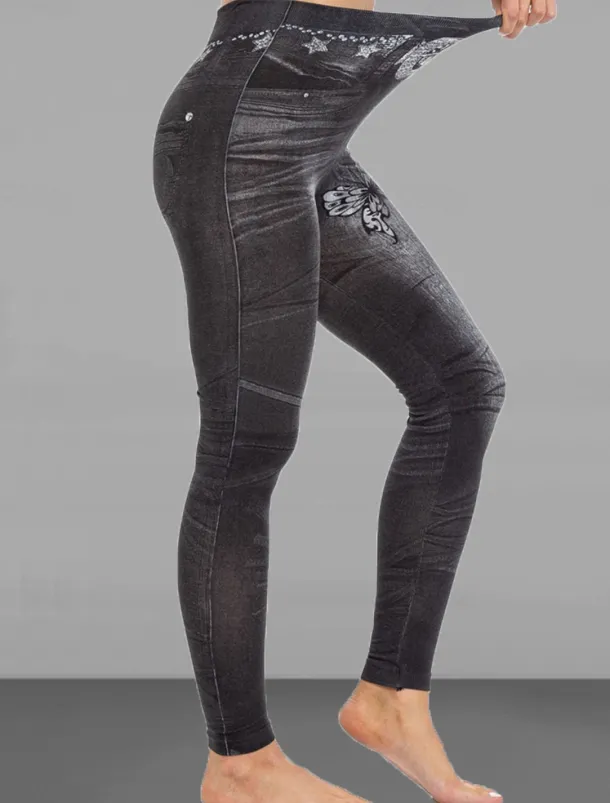 Women's Slim Pants Trousers Leggings Fashion Streetwear Casual Full Length High Waist Butterfly Pocket Print High Cut Breathability Comfortable High Elasticity Street Causal Daily Black Blue Summer