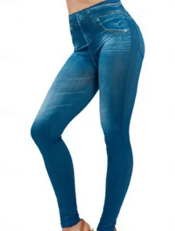 Women's Slim Pants Trousers Pocket High Cut High Waist Full Length Black Summer