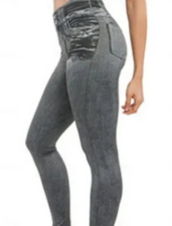 Women's Slim Pants Trousers Pocket High Cut High Waist Full Length Black Summer