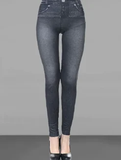 Women's Slim Pants Trousers Pocket High Cut High Waist Full Length Black Summer