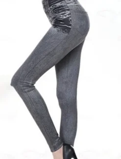 Women's Slim Pants Trousers Pocket High Cut High Waist Full Length Black Summer