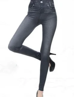 Women's Slim Pants Trousers Pocket High Cut High Waist Full Length Black Summer