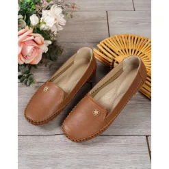 Women's Slip-On Moccasins with Decorative Flower – Soft Comfortable Loafers for Everyday, Casual Outings and Relaxing Walks