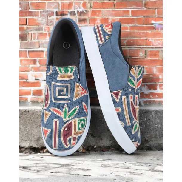 Women's Slip-On Tribal Print Canvas Sneakers – Comfortable Street Style Casual Shoes for Walking, Shopping & Festivals