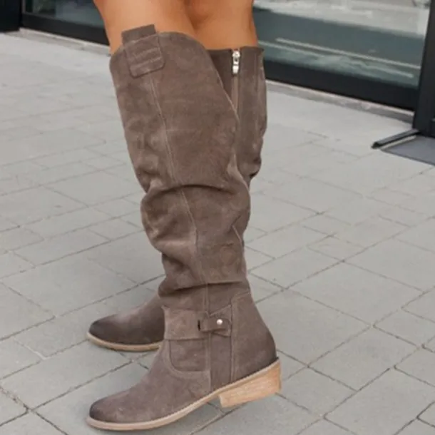 Women's Slouchy Suede Knee-High Boots with Buckle - Casual Flat Heel for Everyday & Fall Fashion