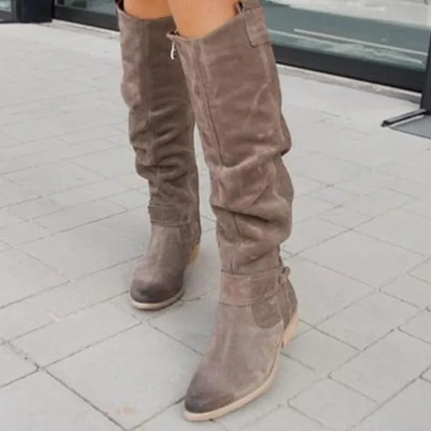 Women's Slouchy Suede Knee-High Boots with Buckle - Casual Flat Heel for Everyday & Fall Fashion