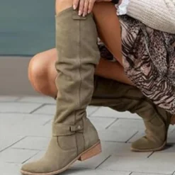 Women's Slouchy Suede Knee-High Boots with Buckle - Casual Flat Heel for Everyday & Fall Fashion