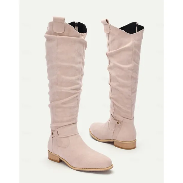 Women's Slouchy Suede Knee-High Boots with Buckle - Casual Flat Heel for Everyday & Fall Fashion