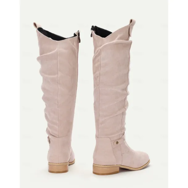 Women's Slouchy Suede Knee-High Boots with Buckle - Casual Flat Heel for Everyday & Fall Fashion