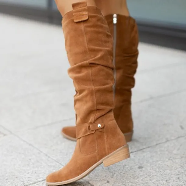 Women's Slouchy Suede Knee-High Boots with Buckle - Casual Flat Heel for Everyday & Fall Fashion