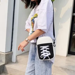 Women's Sneaker-Inspired Crossbody Bag – Casual Canvas Shoulder Purse with Lace-Up Design for Teens and Street Style Outfits