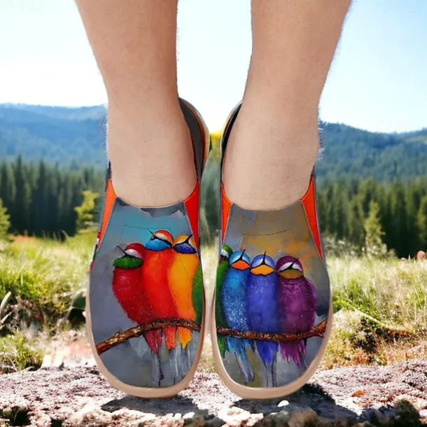 Women's Sneakers Flats Slip-Ons Print Shoes Slip-on Sneakers Daily Travel Bird Painting Flat Heel Vacation Casual Comfort Canvas Loafer Light Red Blue Green