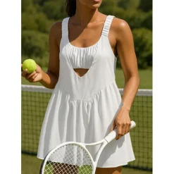 Women's Solid Colored Tennis Dress with Built in Shorts and Bra Sports Dress Sleeveless Drawstring Backless Hole Moisture Wicking Breathable Tennis Golf Pickleball Black White Red Tennis Clothing