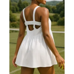 Women's Solid Colored Tennis Dress with Built in Shorts and Bra Sports Dress Sleeveless Drawstring Backless Hole Moisture Wicking Breathable Tennis Golf Pickleball Black White Red Tennis Clothing