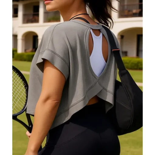 Women's Solid Colored Tennis Top Short Sleeves Backless Hole Sweat-Wicking Moisture Wicking Breathable Tennis Golf Pickleball Black Pink Gray Tennis Clothing