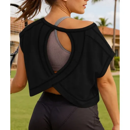 Women's Solid Colored Tennis Top Short Sleeves Backless Hole Sweat-Wicking Moisture Wicking Breathable Tennis Golf Pickleball Black Pink Gray Tennis Clothing