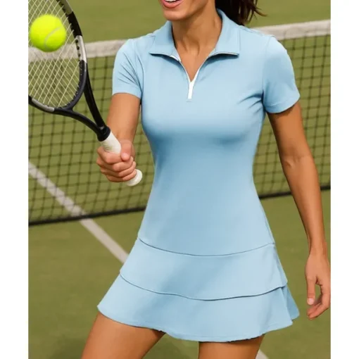 Women's Solid Colored Tennis Skirts with Shorts Sports Dress Short Sleeves Zipper Moisture Wicking Breathable Tennis Golf Pickleball Turndown Open Back Royal Blue Blue Sky Blue Tennis Clothing