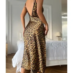 Women's Spaghetti Strap Dress Sleeveless Scoop Neck High Split Print Backless Slim Fit Long Dresses Nightgowns Home Outfits