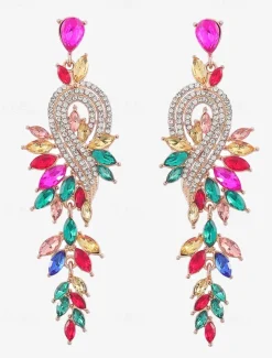 Women's Sparkling Crystal Dangle Earrings with Leaf Design | Perfect for Weddings and Parties