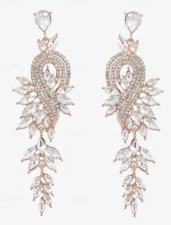 Women's Sparkling Crystal Dangle Earrings with Leaf Design | Perfect for Weddings and Parties
