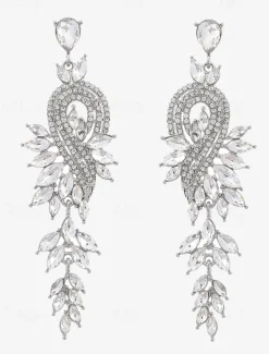 Women's Sparkling Crystal Dangle Earrings with Leaf Design | Perfect for Weddings and Parties