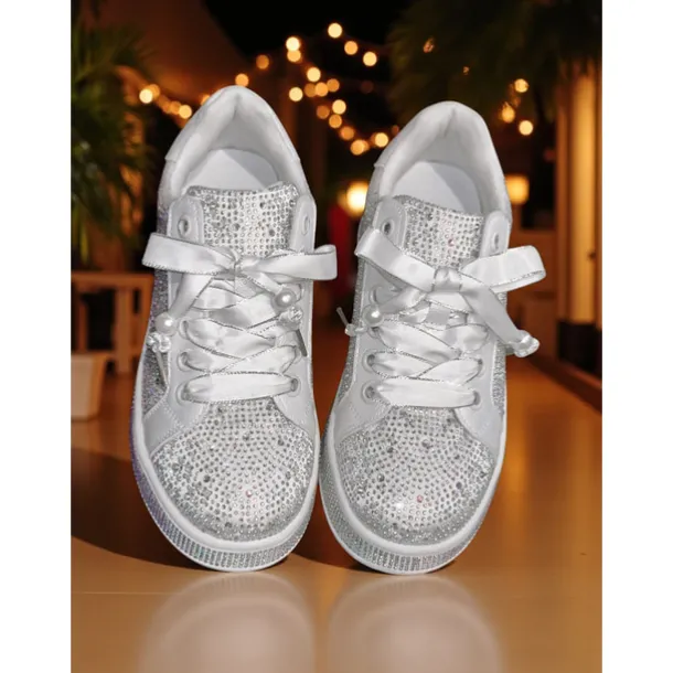 Women's Sparkly Rhinestone Lace-Up Sneakers - Glamorous Casual Party Shoes for Nightlife, Clubbing and Evening Events