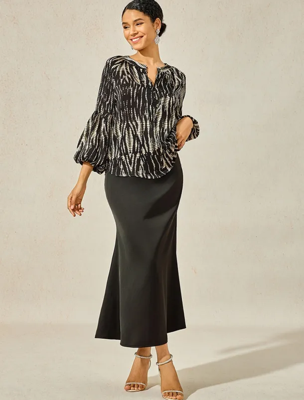 Women's Spotted Print Chiffon Shirt Lantern Sleeve Notched Collar Buttoned Blouse