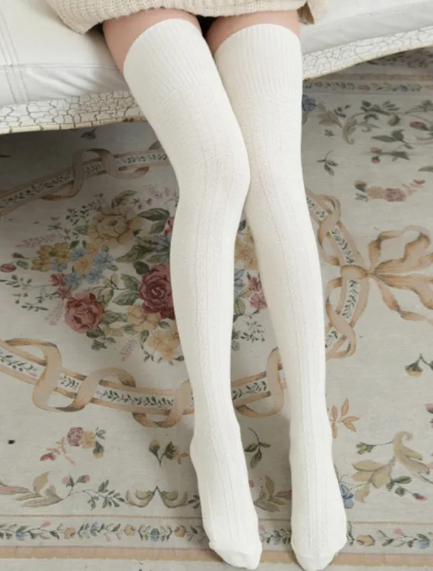 Women's Stockings Thigh-High Crimping Socks All Seasons Tights Thermal Warm Stretchy Knitting Fashion Casual Daily Navy Black White One-Size