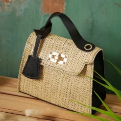 Women's Straw Top Handle Bag – Woven Summer Handbag with Gold Chain Strap & Turn-Lock Closure for Beach, Vacation & Casual Outings