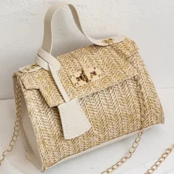 Women's Straw Top Handle Bag – Woven Summer Handbag with Gold Chain Strap & Turn-Lock Closure for Beach, Vacation & Casual Outings