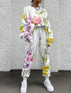 Women's Streetwear Basic T Shirt Tracksuit Pants Sets Long Sleeve Crew Neck Floral Drawstring Print Vacation Casual Daily White Yellow Red Fall & Winter Loose Fit